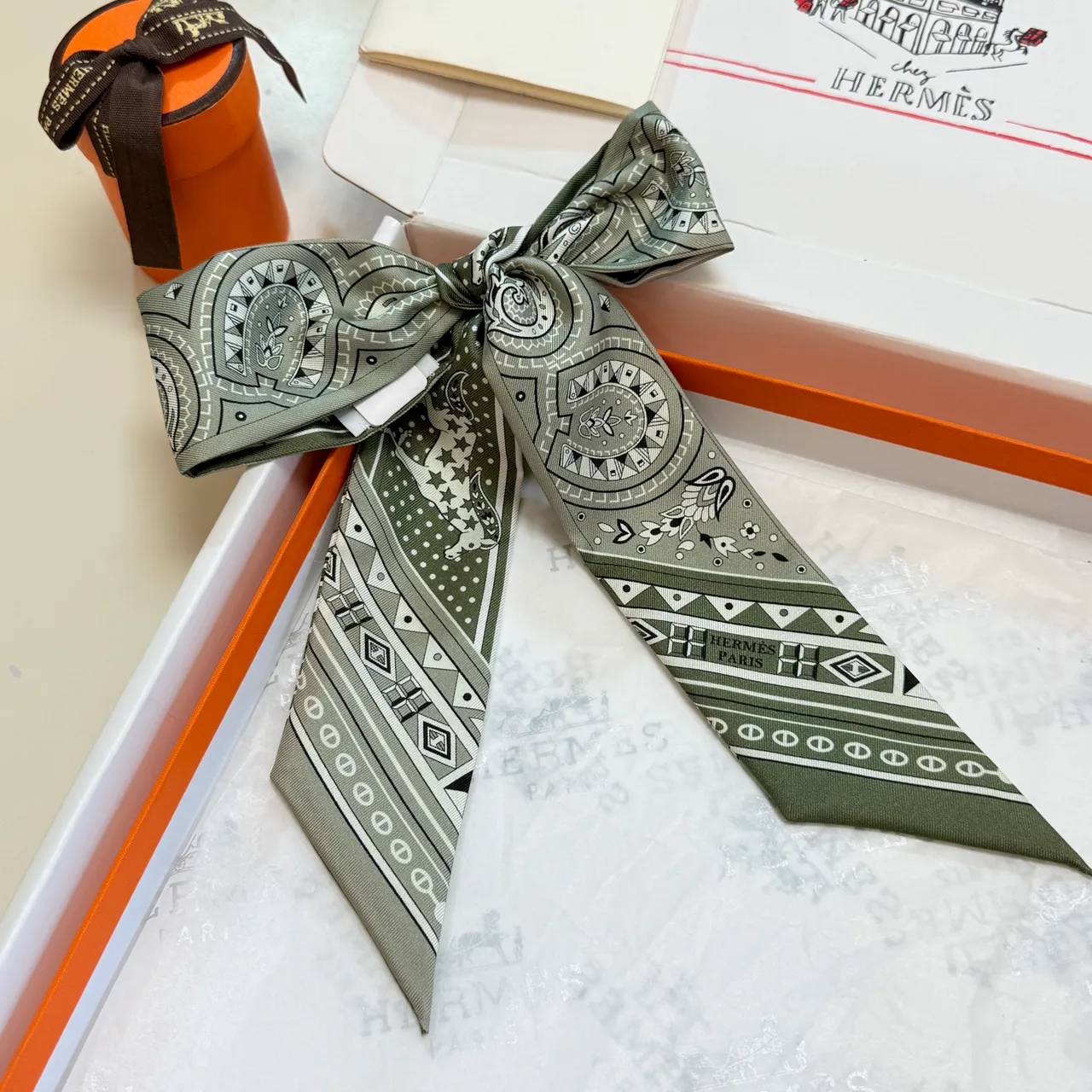 Hermès Twilly Verde e Branco Estreito Alongado Silhueta Impresso Paisley e Motivos Ecuestres Lenço de Seda 2