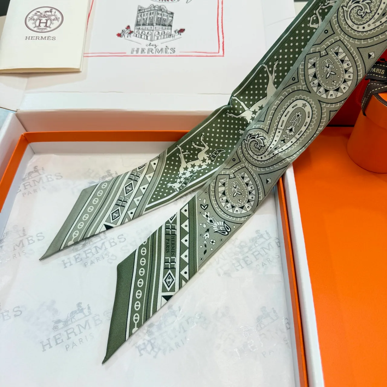 Hermès Twilly Verde e Branco Estreito Alongado Silhueta Impresso Paisley e Motivos Ecuestres Lenço de Seda 5