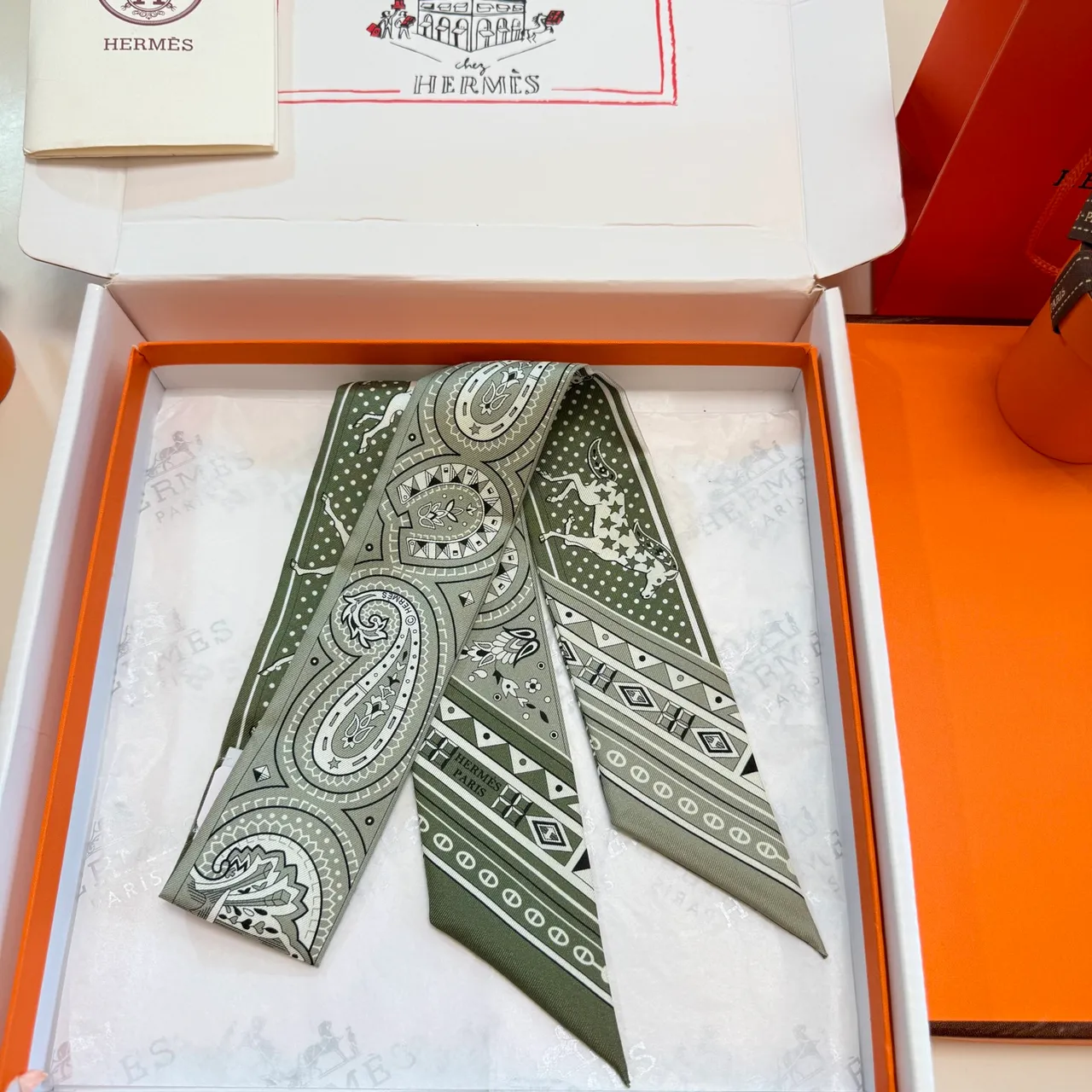 Hermès Twilly Verde e Branco Estreito Alongado Silhueta Impresso Paisley e Motivos Ecuestres Lenço de Seda 6