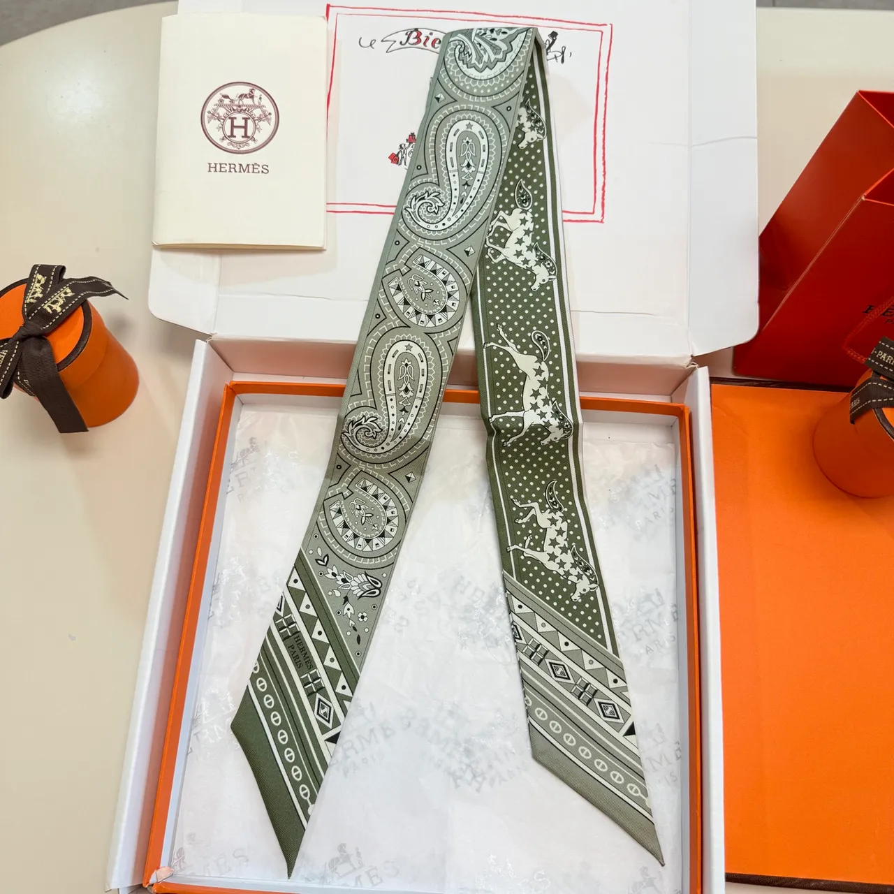 Hermès Twilly Verde e Branco Estreito Alongado Silhueta Impresso Paisley e Motivos Ecuestres Lenço de Seda 7