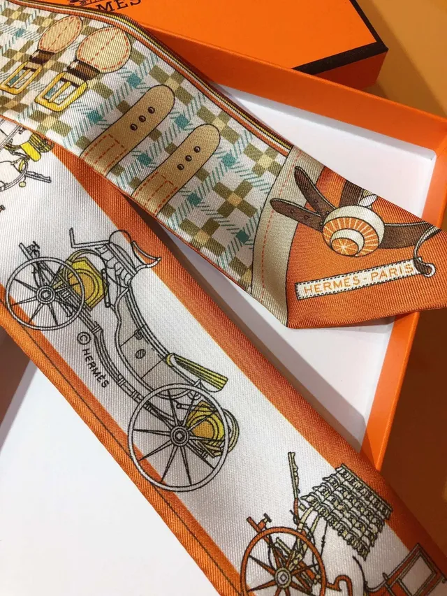 Hermès Twilly New-Style Carriage Orange Silk Scarf 5