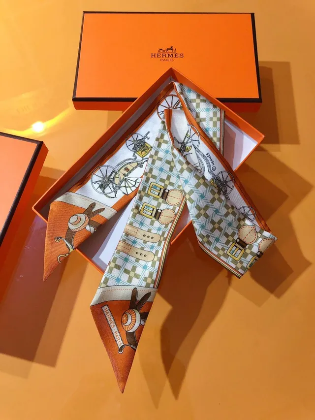 Hermès Twilly New-Style Carriage Orange Silk Scarf 6