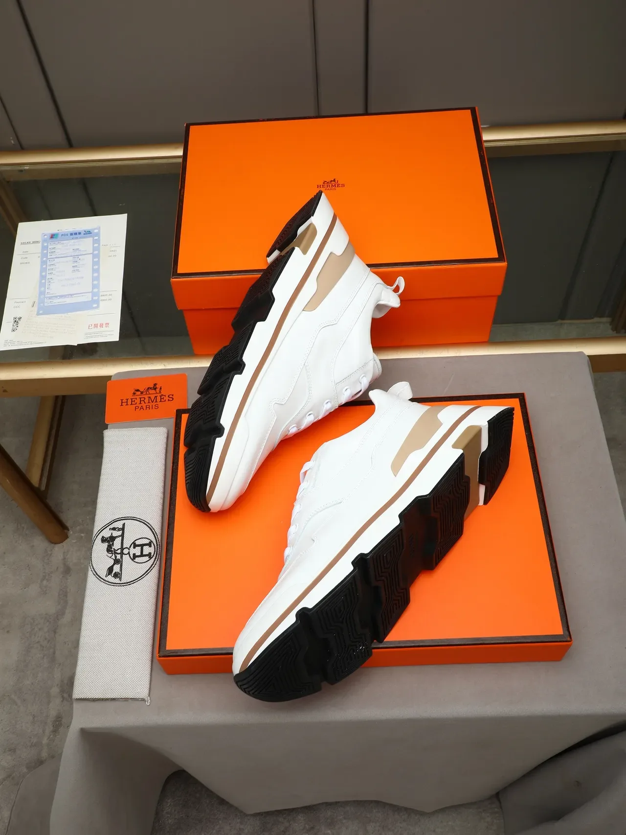 Hermès White Beige Leather Upper Sculpted Multi-Layer Sole Sneakers 3