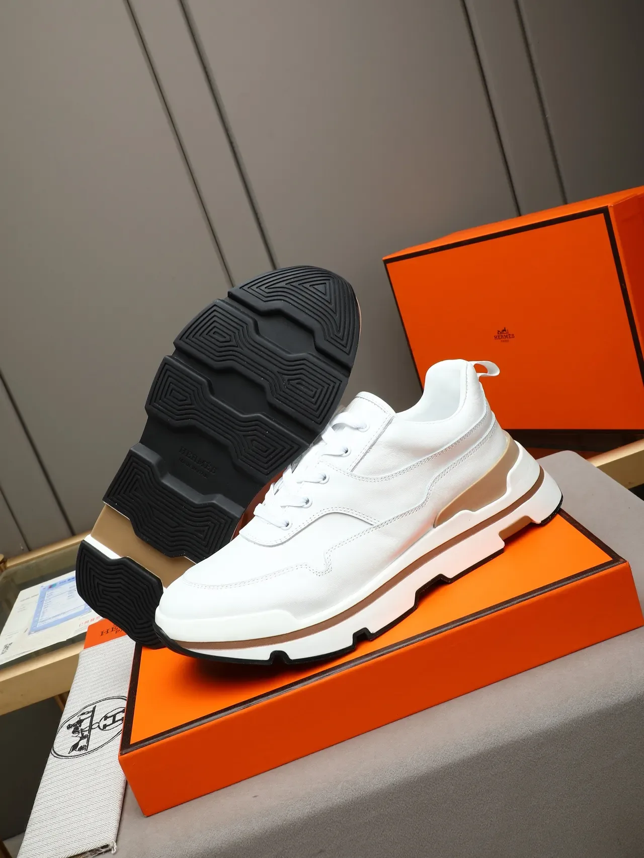 Hermès White Beige Leather Upper Sculpted Multi-Layer Sole Sneakers 5