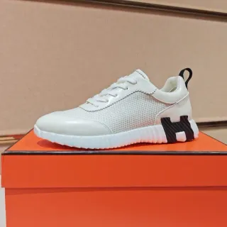 Hermès White Black Mesh And Leather Upper Ribbed H-Logo Heel Counter Lifestyle Sneakers