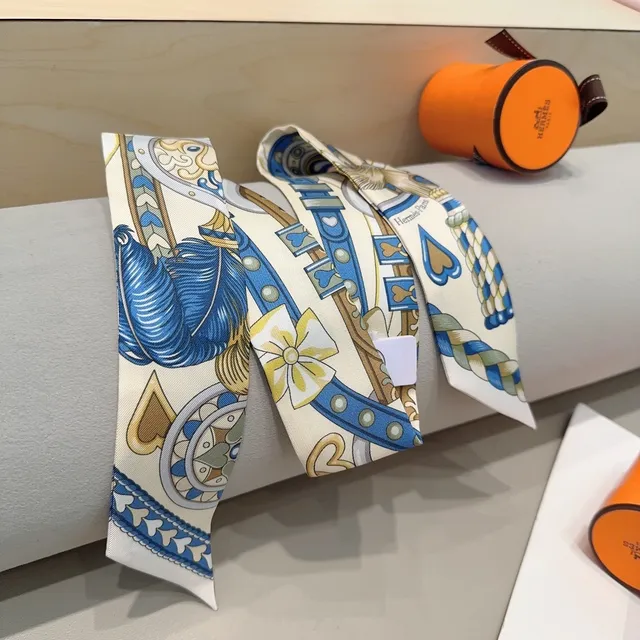 Hermès White Blue Printed Narrow Silk Scarf 5