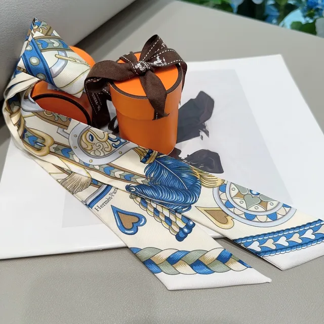 Hermès White Blue Printed Narrow Silk Scarf 6