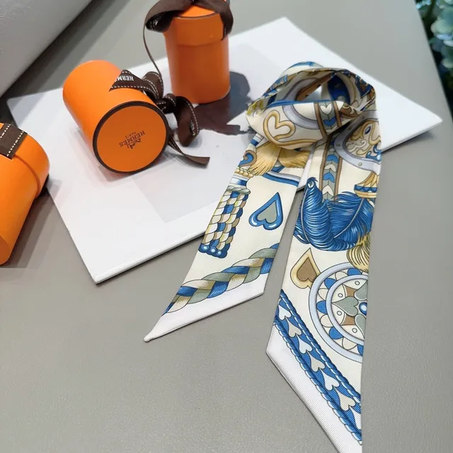 Hermès White Blue Printed Narrow Silk Scarf 7