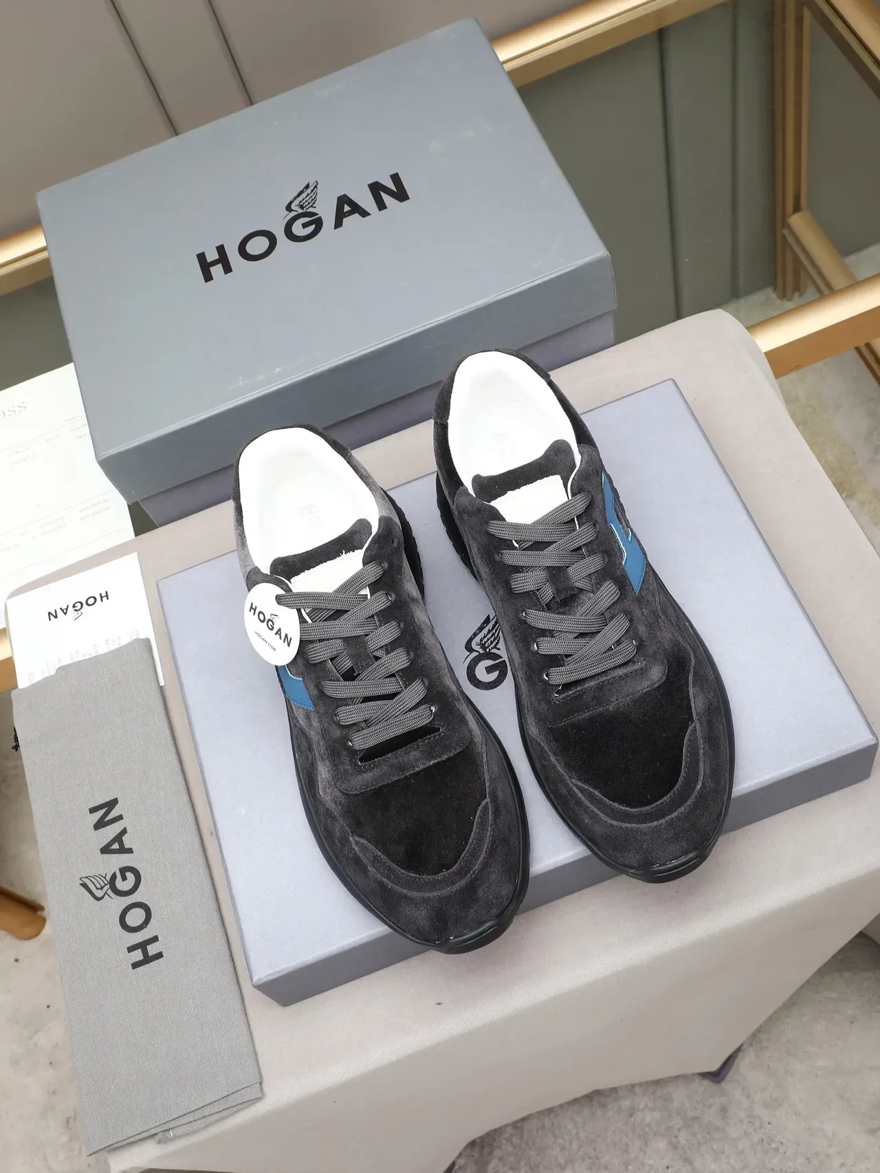 Hogan Black Blue Suede Upper H-Shaped Side Panel Lifestyle Sneakers 2