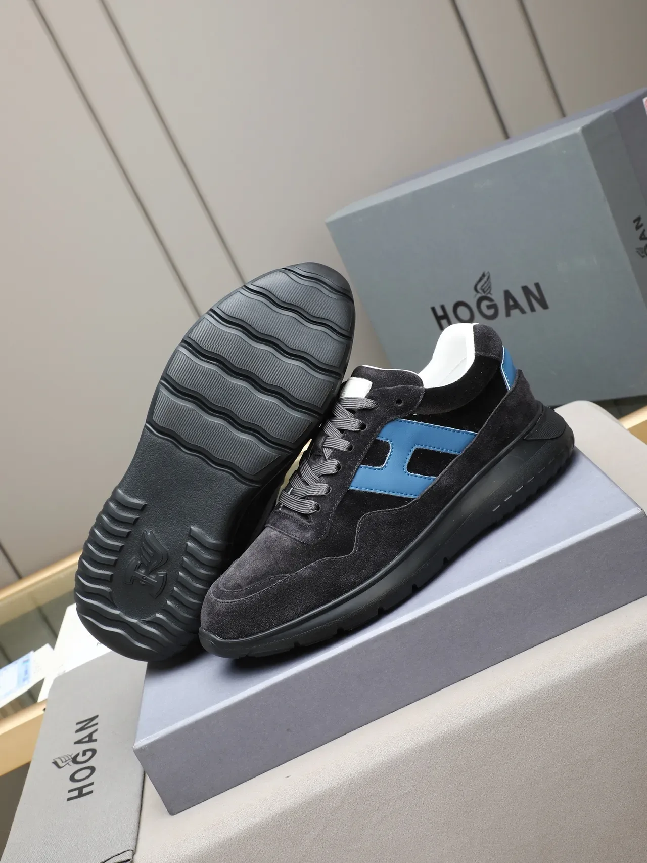Hogan Black Blue Suede Upper H-Shaped Side Panel Lifestyle Sneakers 4