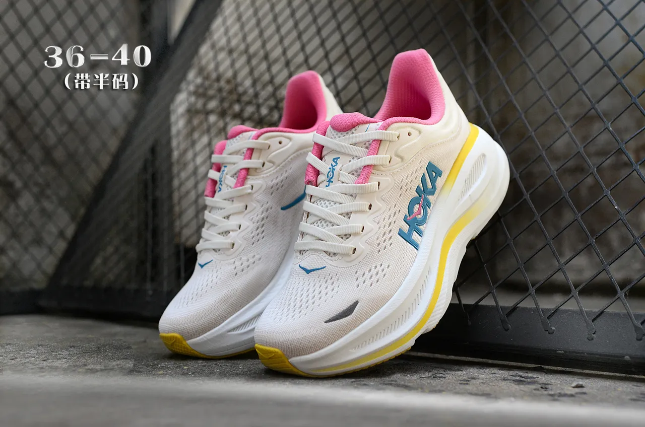 Hoka Beige Jaune Empeine Knit Ingénierie Semelle Intermédiaire Amortie Empilée Chaussures de Course 4