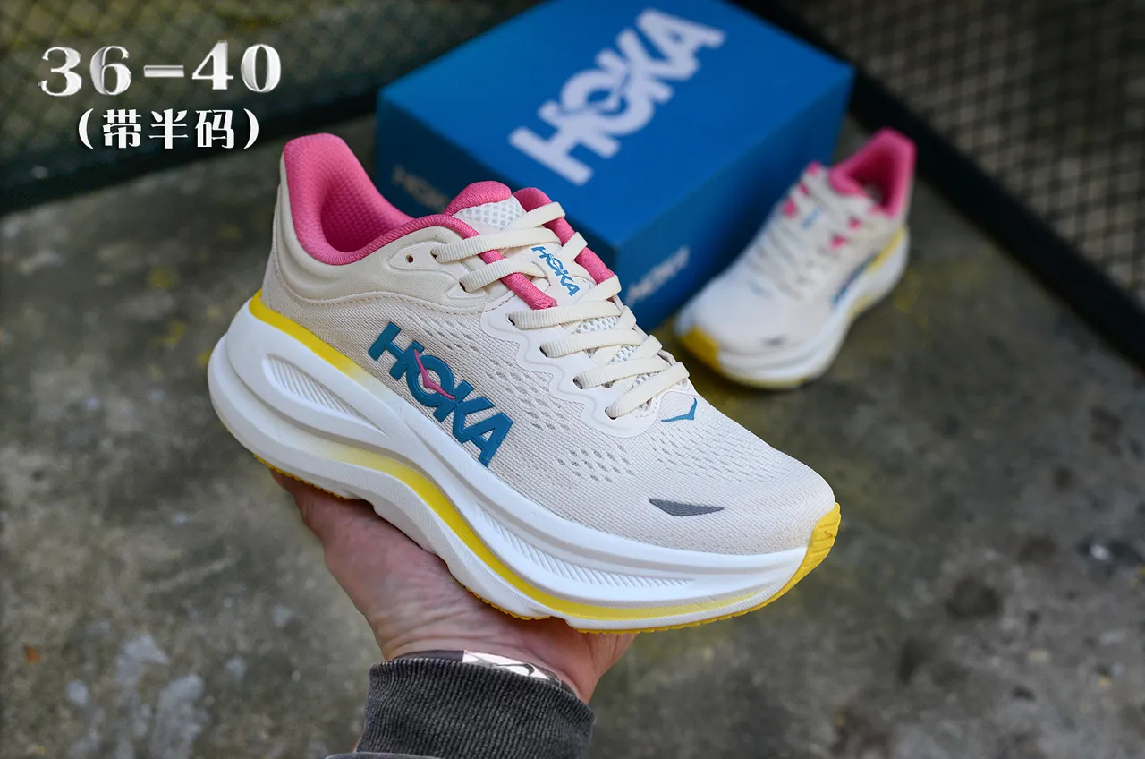 Hoka Beige Jaune Empeine Knit Ingénierie Semelle Intermédiaire Amortie Empilée Chaussures de Course 5