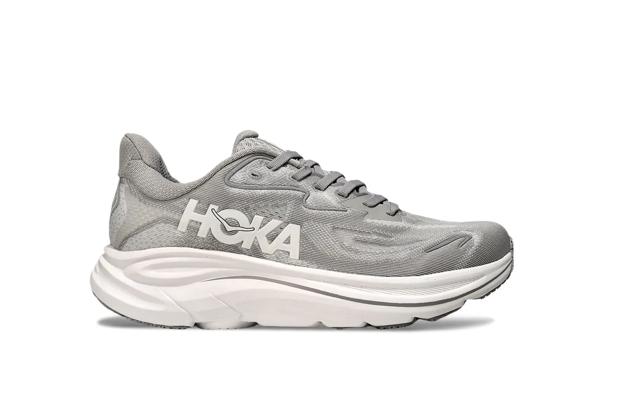 Hoka Clifton Cinza Branco Engineered Knit Upper Sculpted Midsole Tênis de Corrida 2