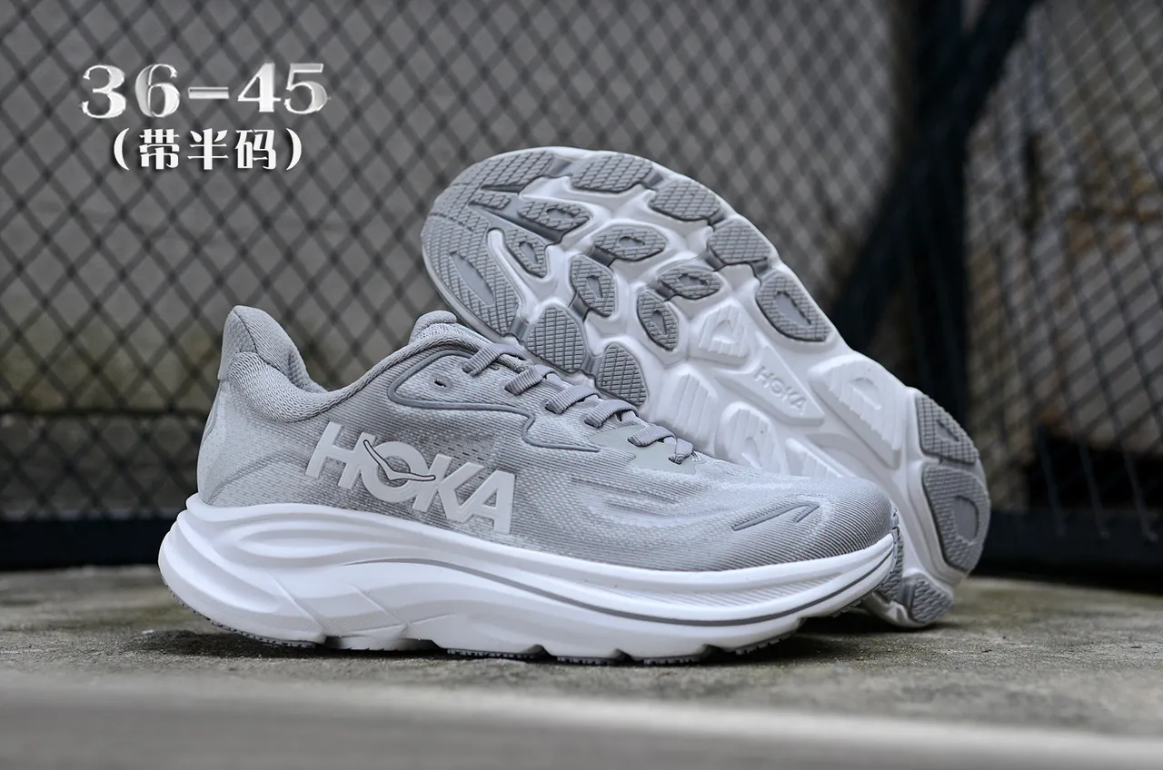 Hoka Clifton Cinza Branco Engineered Knit Upper Sculpted Midsole Tênis de Corrida 7
