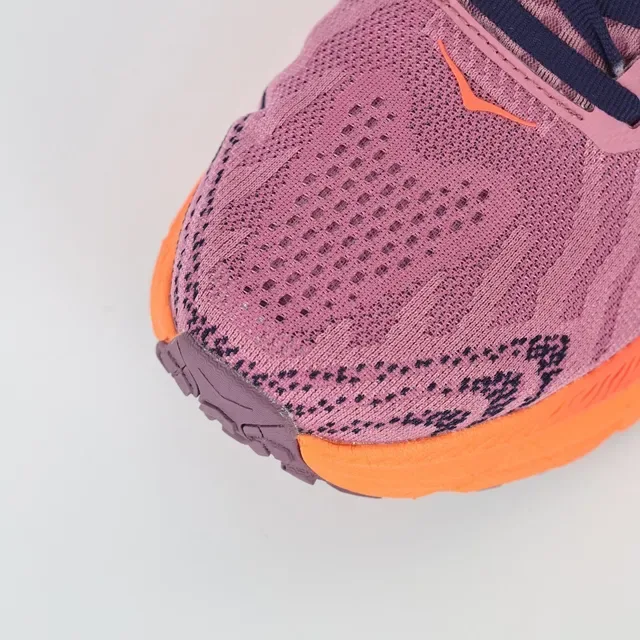 Hoka Clifton Tênis Running Pink Orange Upper Knit Sola Média Grossa 5