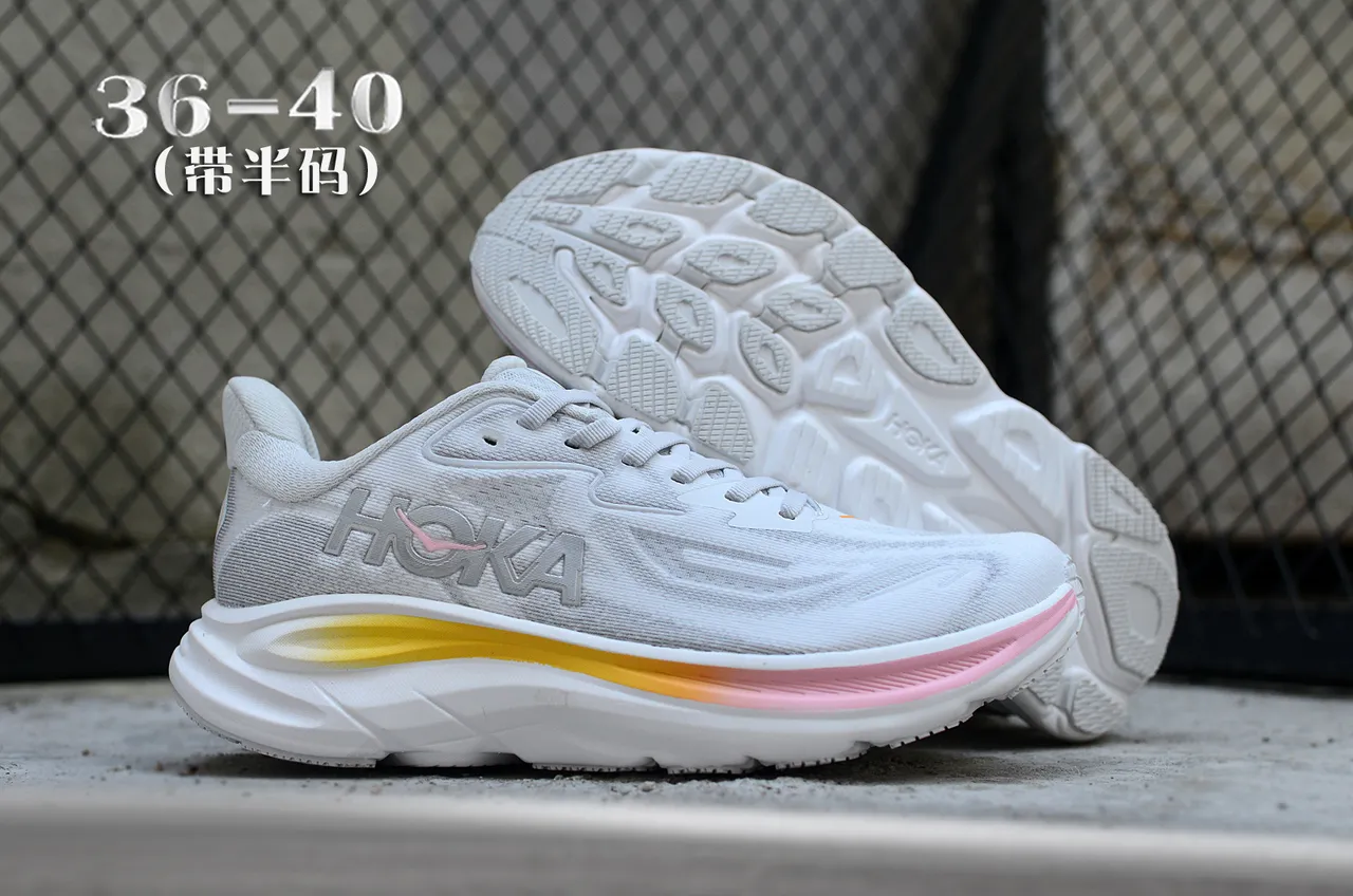 Hoka Clifton White Multicolor الجزء العلوي المكون من شبكة متقدمة نطاق الوسادة الوسطى المتدرج أحذية الجري 7