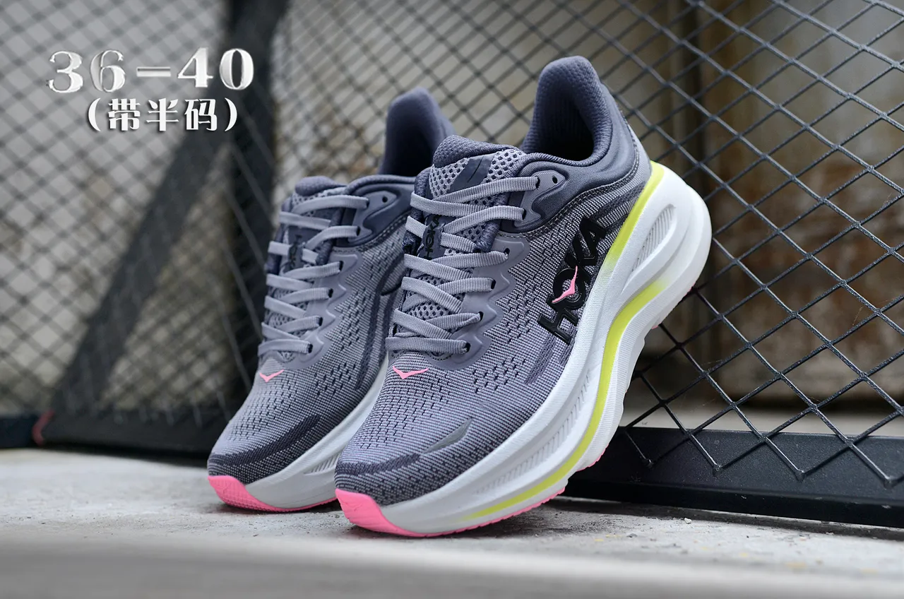 Hoka Gris Rose Haut en tricot ingénieur Semelle intermédiaire blanche épaisse Chaussures de course 5