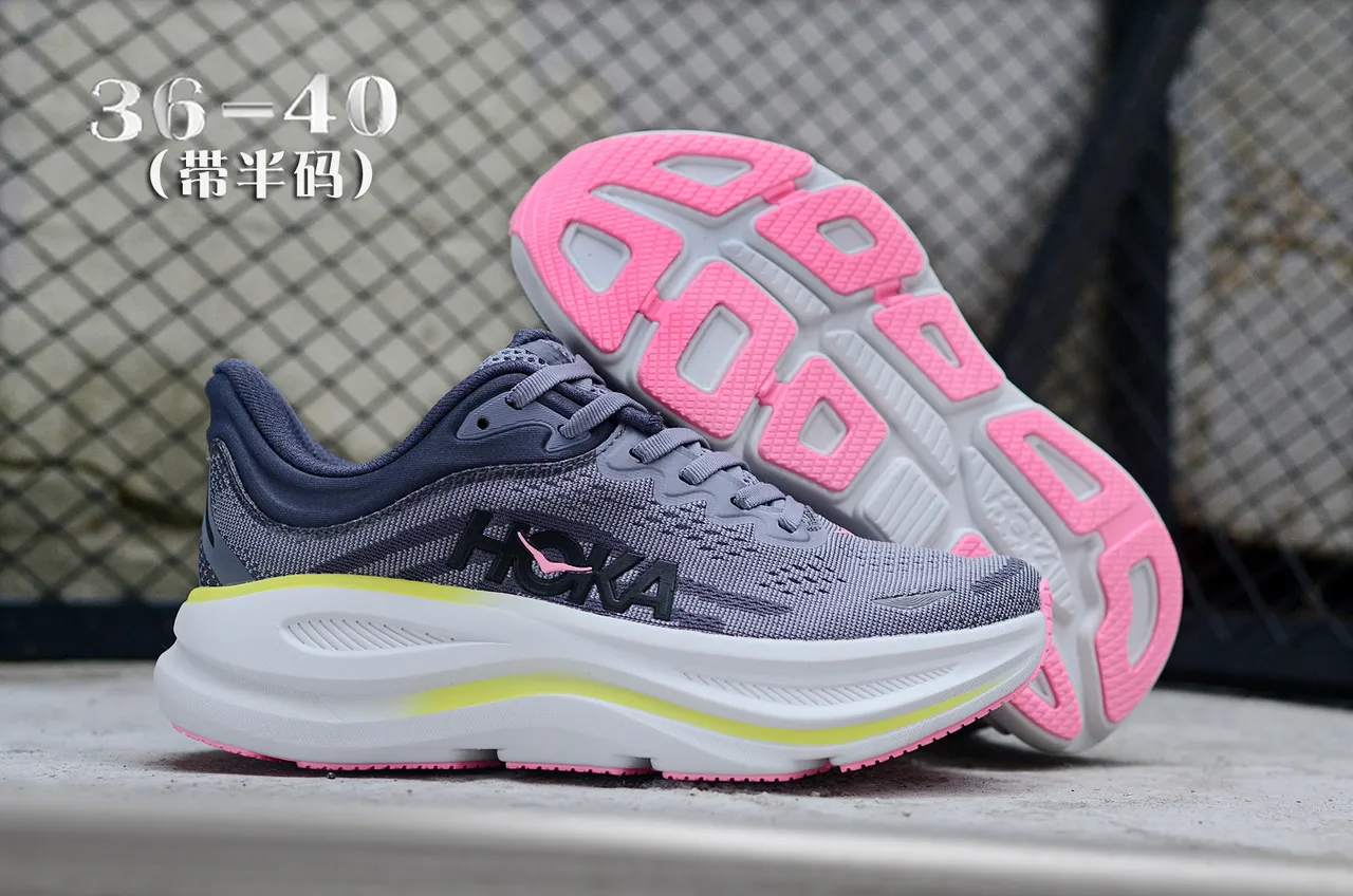 Hoka Gris Rose Haut en tricot ingénieur Semelle intermédiaire blanche épaisse Chaussures de course 7