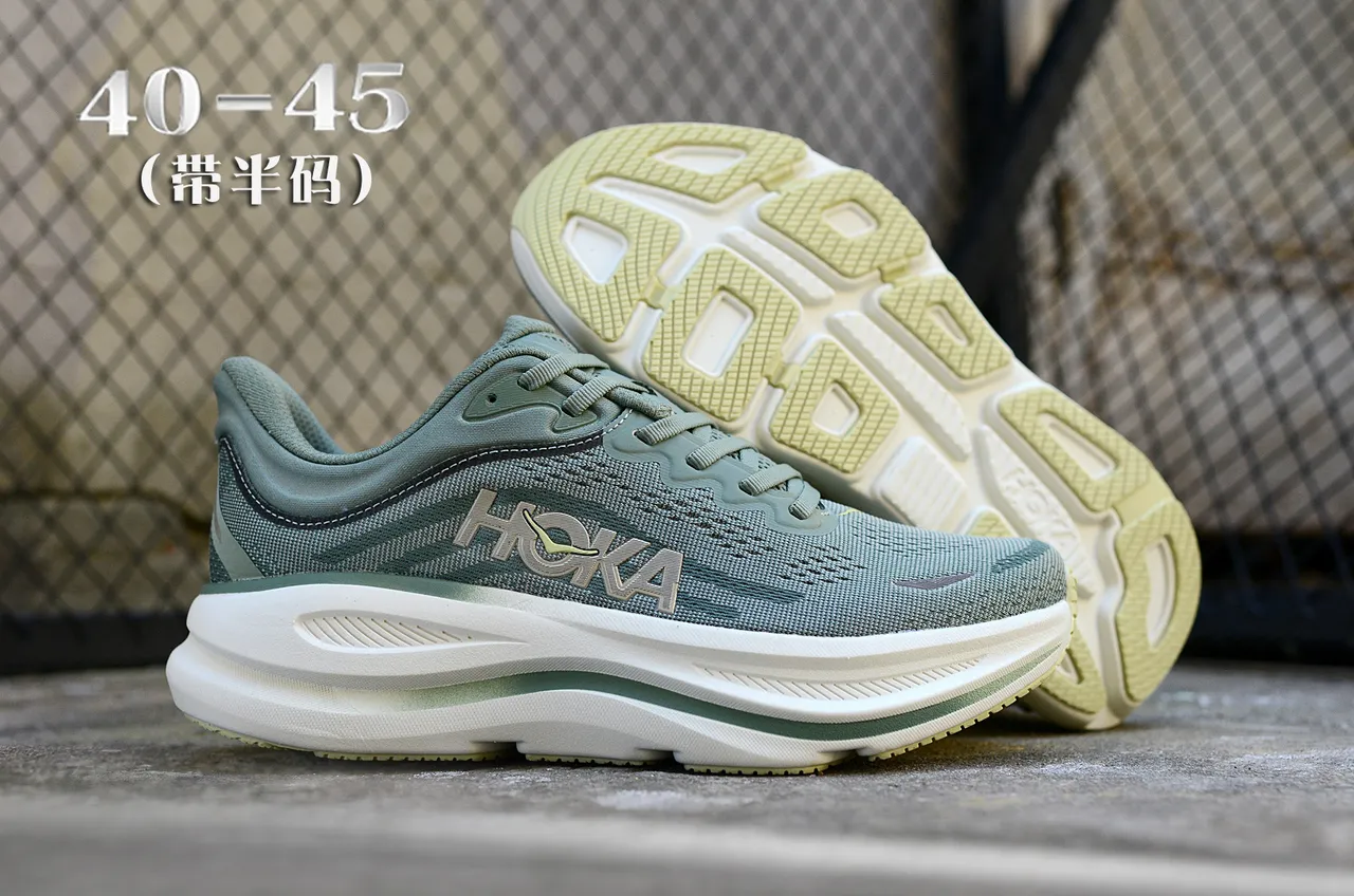 Hoka Vert Blanc Haut en Tricot Ingénierie Semelle Intermédiaire Épaissie Cushion Chaussures de Course 7