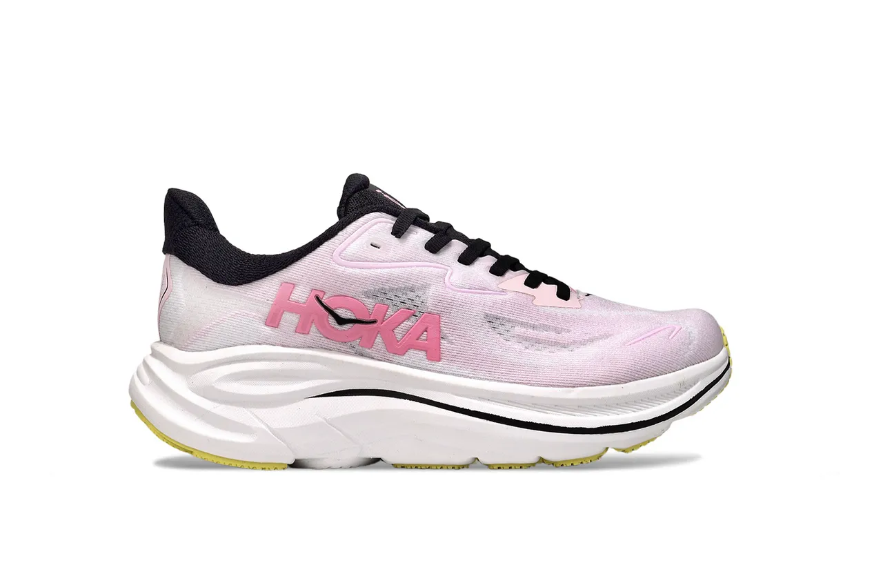 Hoka Tênis de corrida com upper de knit rosa e preto, sola oversized 2