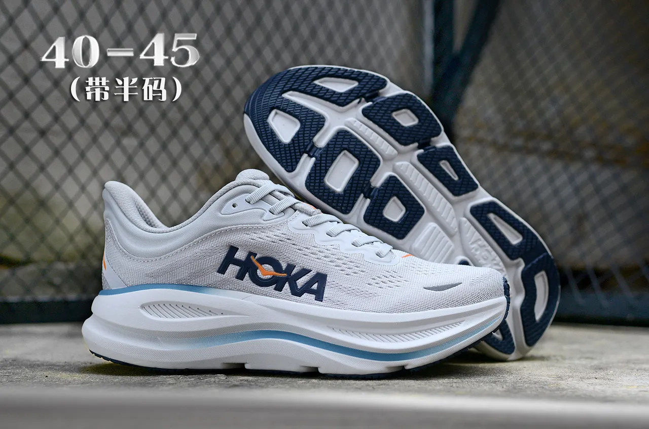 Hoka White Blue Engineered Mesh Upper Thick Cushioned Midsole Running Shoes 7