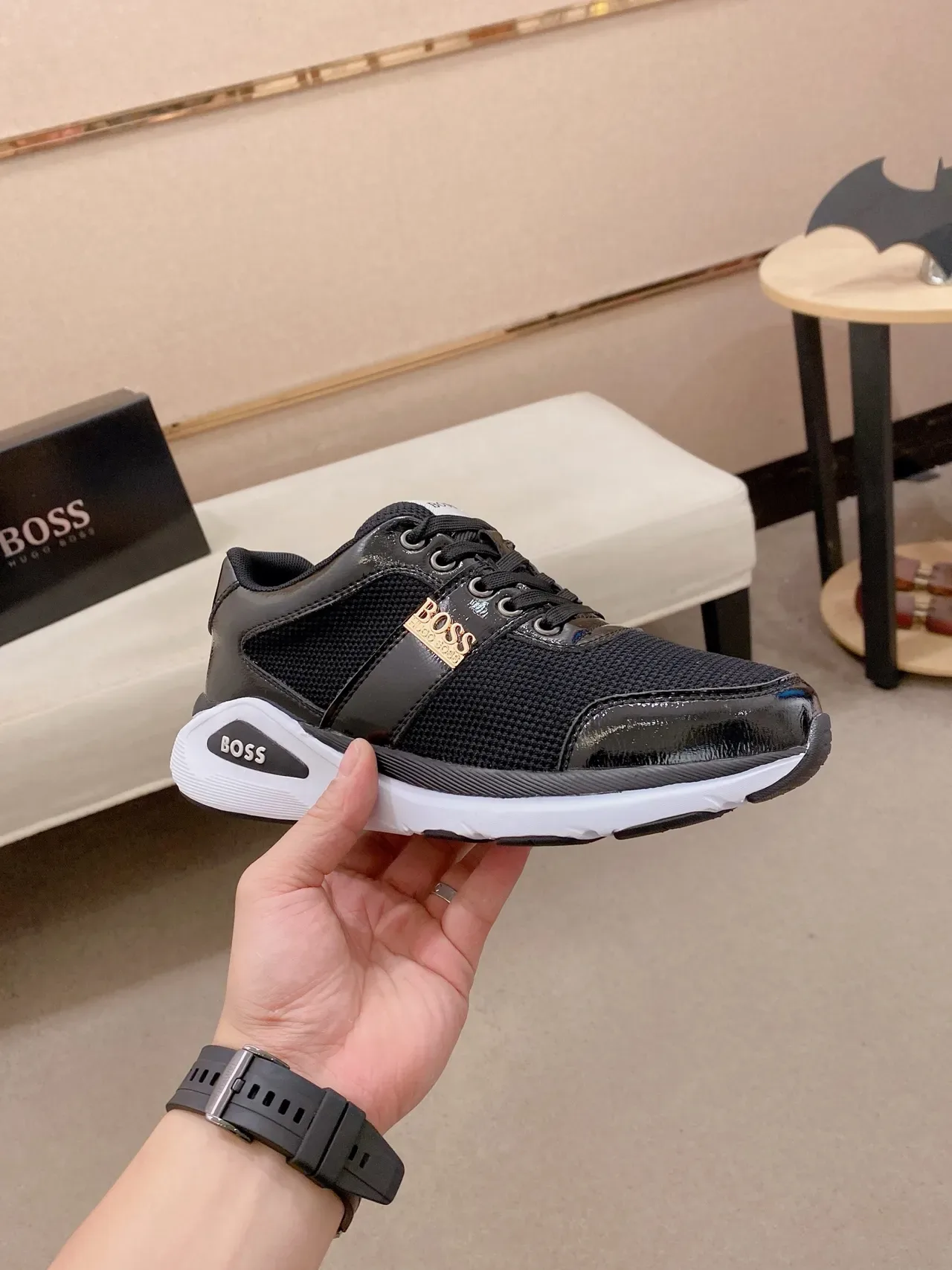 Hugo Boss Black Gold Mixed Mesh And Patent Leather Upper Branding Plaque Sneakers 4