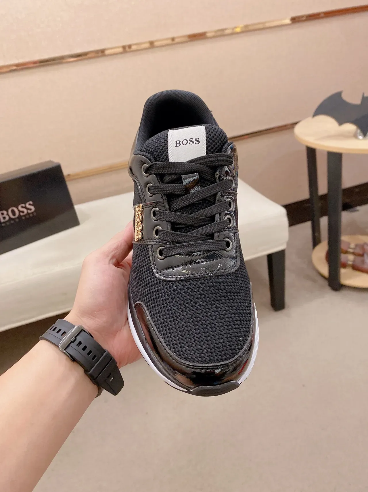 Hugo Boss Black Gold Mixed Mesh And Patent Leather Upper Branding Plaque Sneakers 5