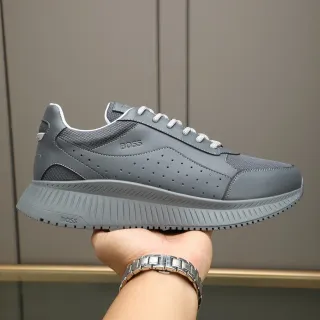 Hugo Boss Gray White Perforated Leather Upper Mesh Panel Accents Lifestyle Sneakers