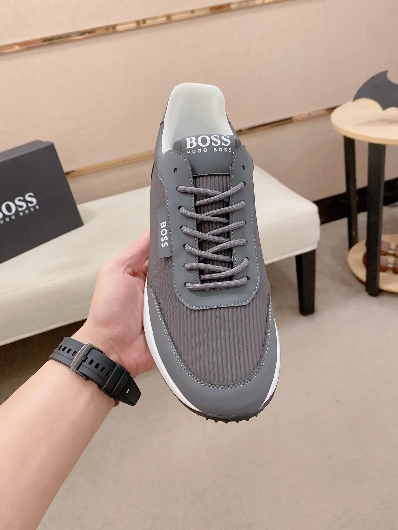 Hugo Boss Cinza Branco Parte Superior Têxtil Acanalada Coberturas Sintéticas Lisas Tênis 2