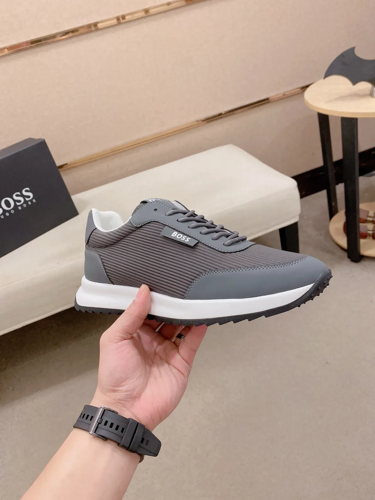 Hugo Boss Cinza Branco Parte Superior Têxtil Acanalada Coberturas Sintéticas Lisas Tênis 4