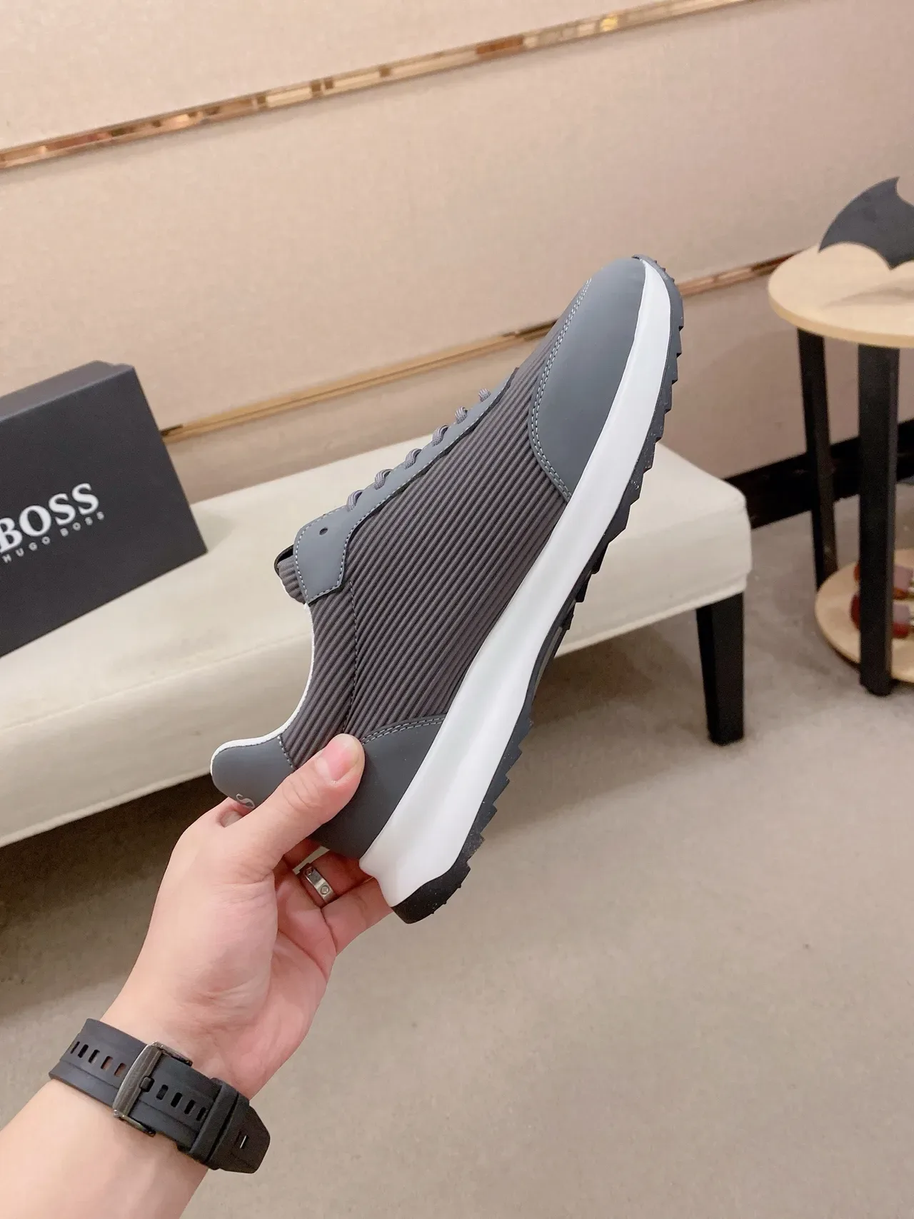Hugo Boss Cinza Branco Parte Superior Têxtil Acanalada Coberturas Sintéticas Lisas Tênis 5