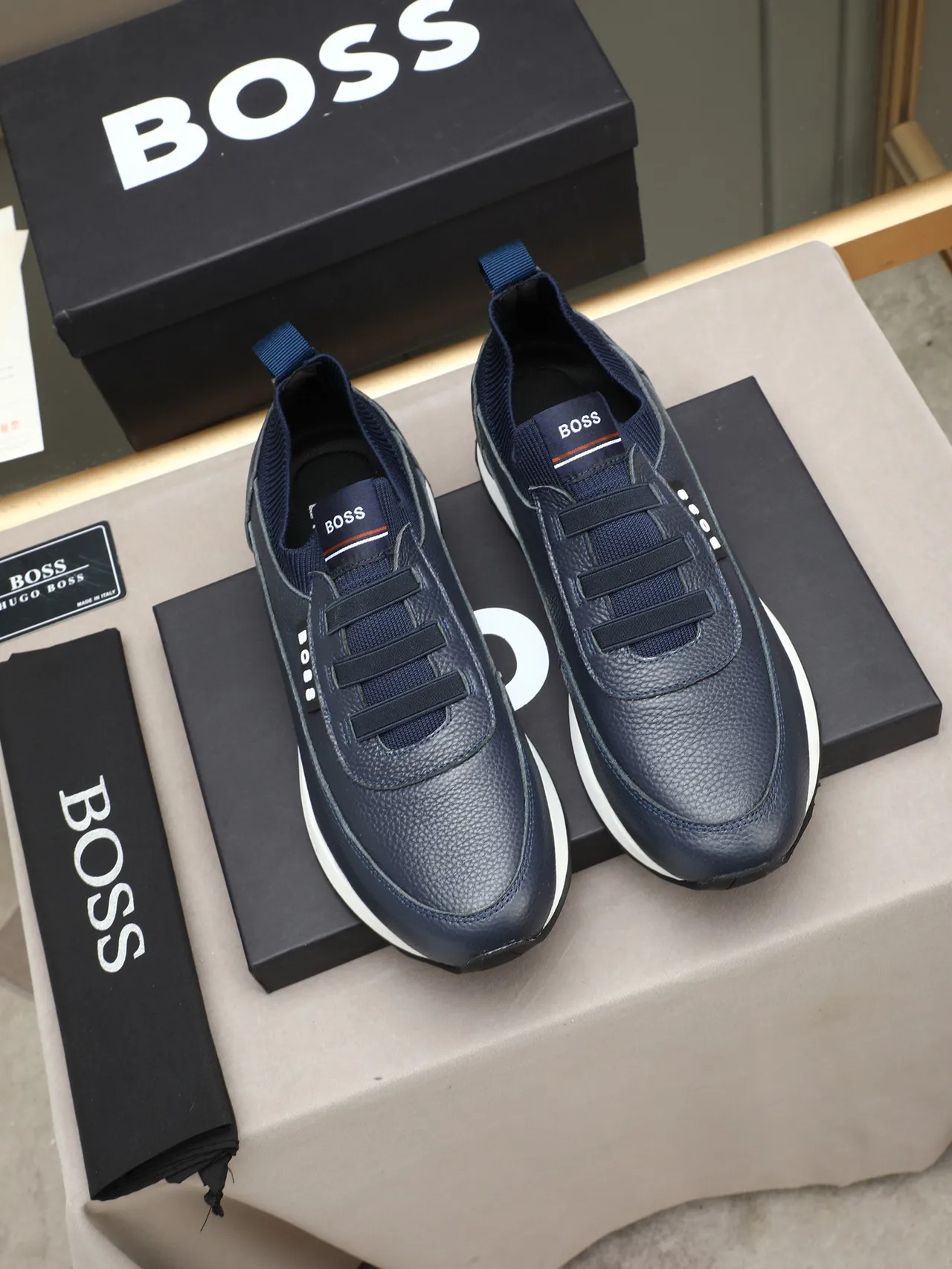 Hugo Boss Navy Pebbled Leather Laceless Slip-On Sneaker 3