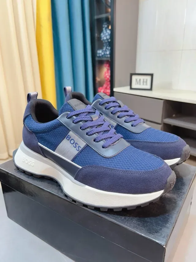 Hugo Boss Sneakers Lifestyle Avec Partie Supérieure En Maille Et Daim Bleu Marine Blanc Semelle De Plateforme Large 3