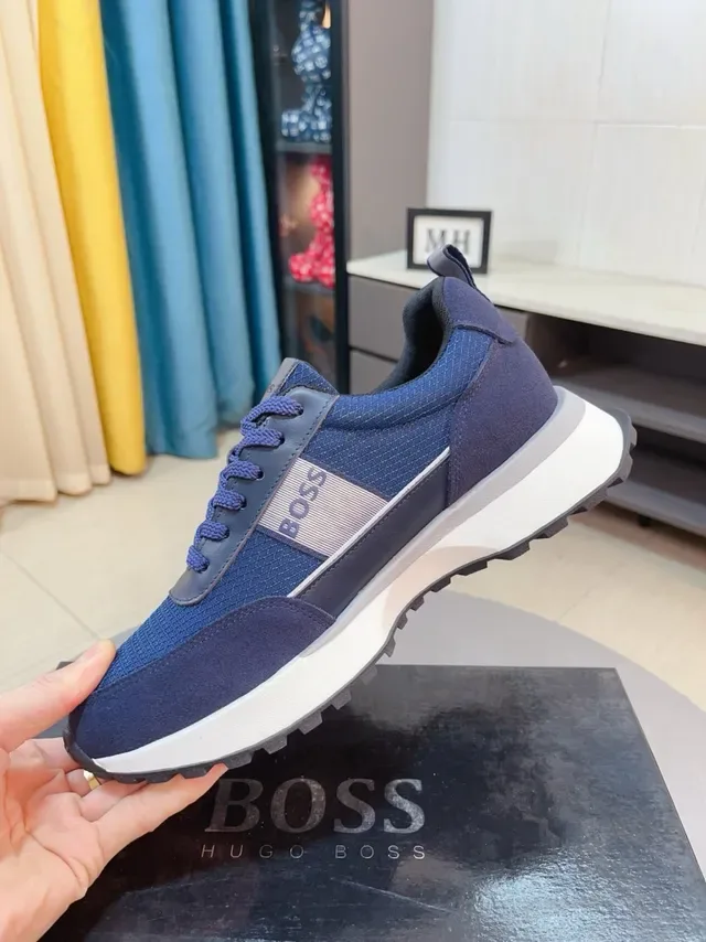 Hugo Boss Sneakers Lifestyle Avec Partie Supérieure En Maille Et Daim Bleu Marine Blanc Semelle De Plateforme Large 4