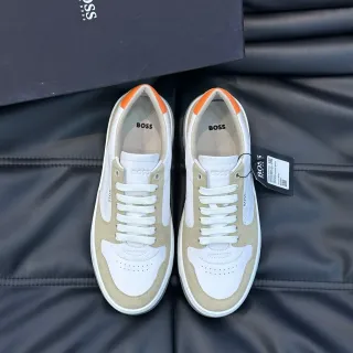 Hugo Boss White Beige Low-Top Suede-and-Leather Panelled Lifestyle Sneakers