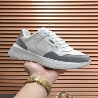Hugo Boss White Gray Mixed-Material Upper Mesh And Suede Panels Lifestyle Sneakers