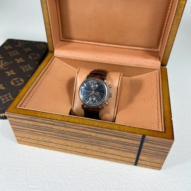 IWC Portugieser Chronograph Dark Dial Brown Alligator Strap Mechanical Watch 2