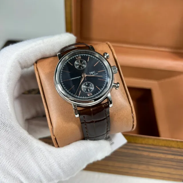 IWC Portugieser Chronograph Dark Dial Brown Alligator Strap Mechanical Watch 4