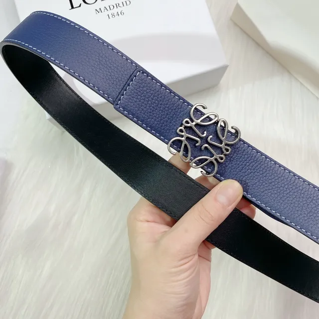 Loewe Anagram حزام أزرق بحري أبيض جلد مموج قابل للعكس 3