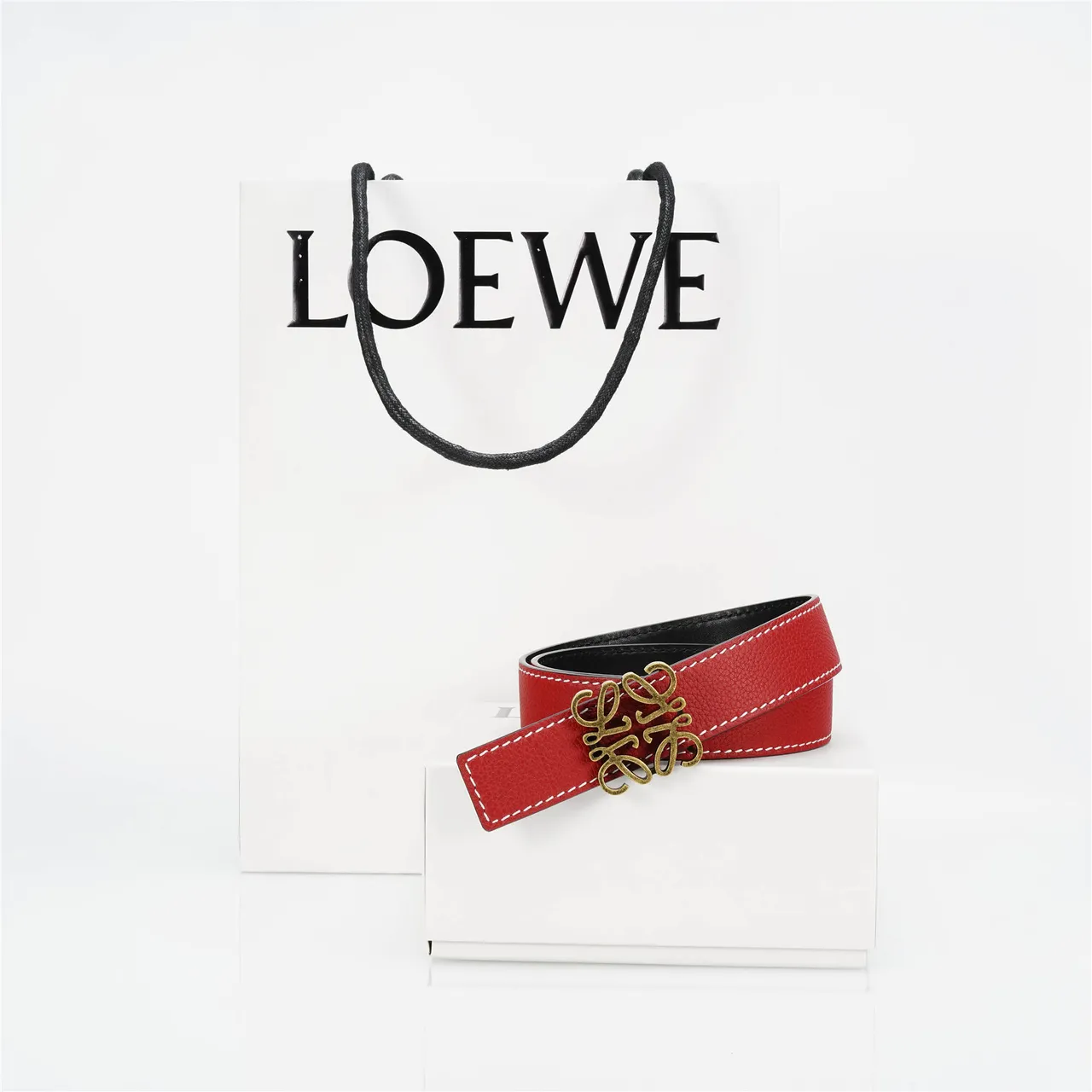 Loewe Anagram Belt Red Gold Pebbled White Contrast Stitching Leather Belt 4