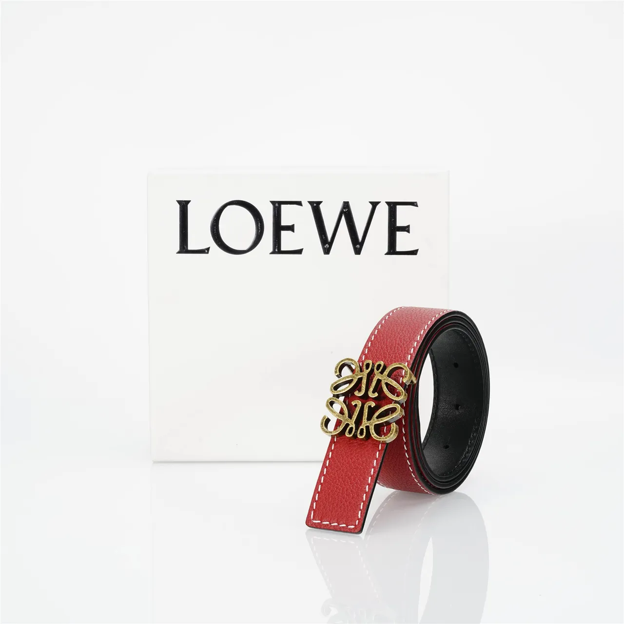 Loewe Anagram Belt Red Gold Pebbled White Contrast Stitching Leather Belt 5