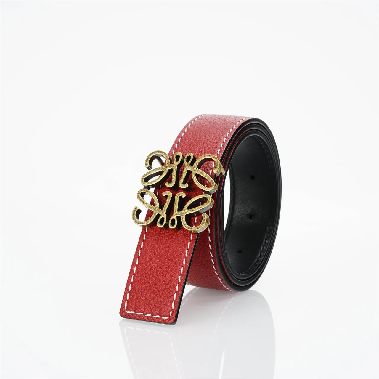 Loewe Anagram Belt Red Gold Pebbled White Contrast Stitching Leather Belt 6