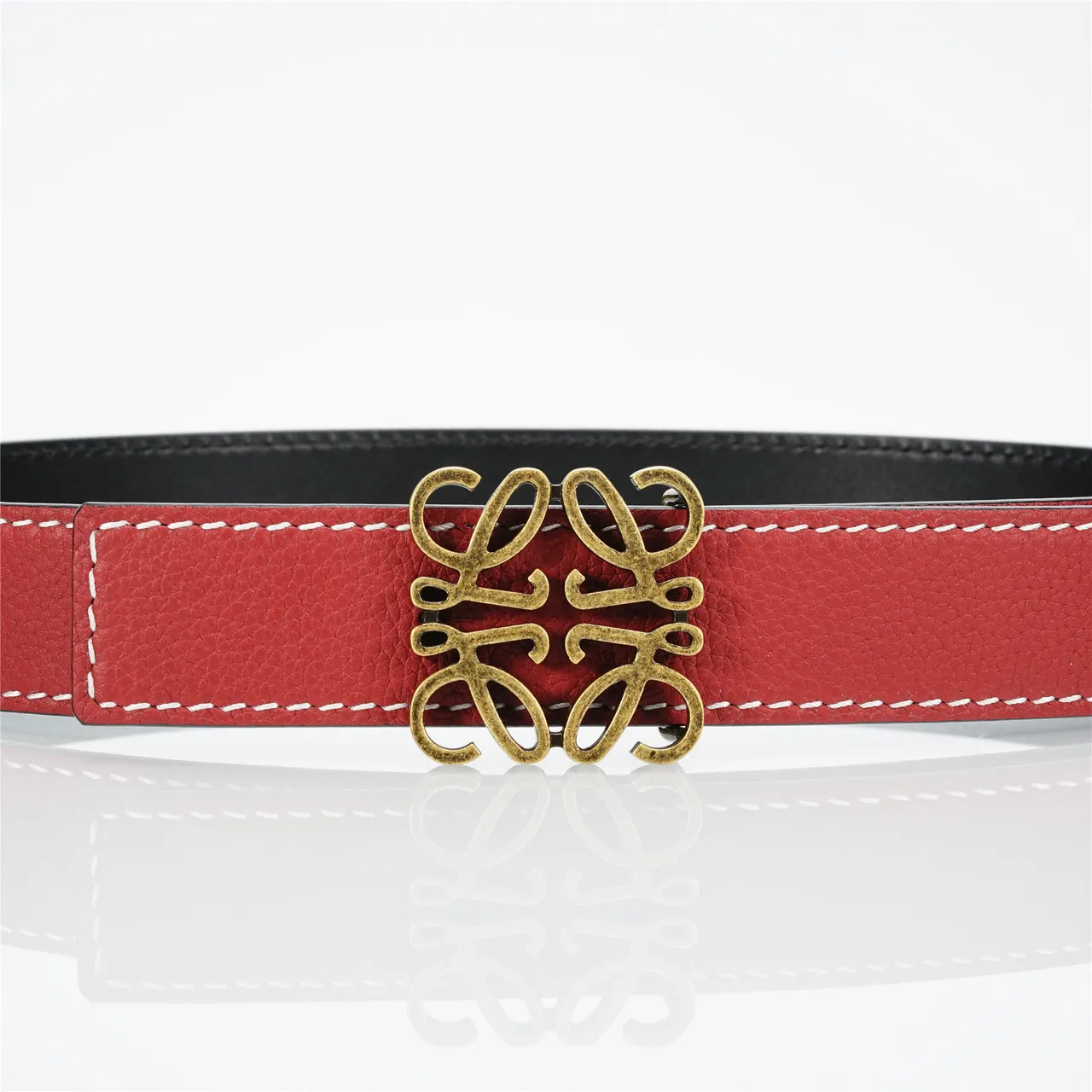 Loewe Anagram Belt Red Gold Pebbled White Contrast Stitching Leather Belt 7