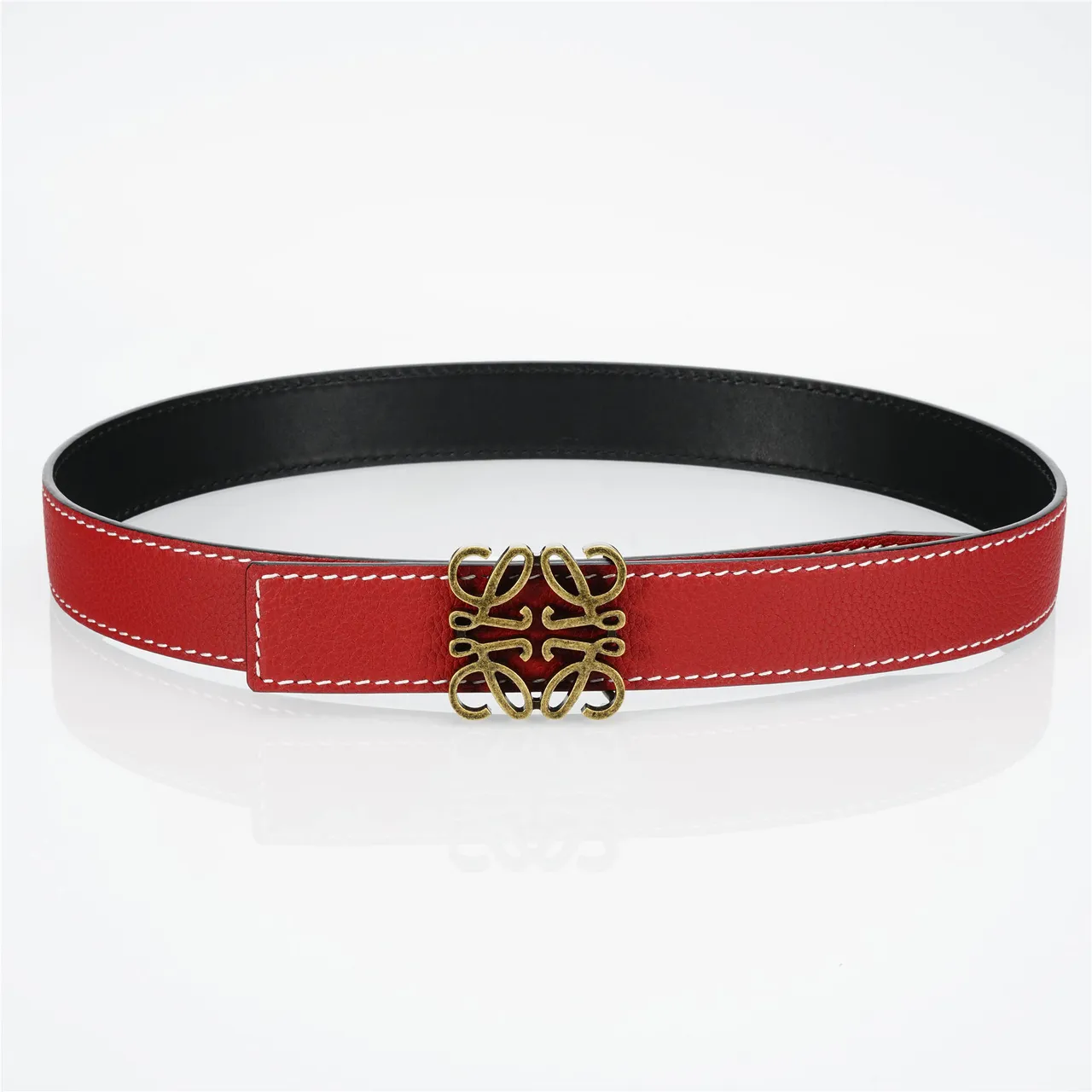 Loewe Anagram Belt Red Gold Pebbled White Contrast Stitching Leather Belt 8