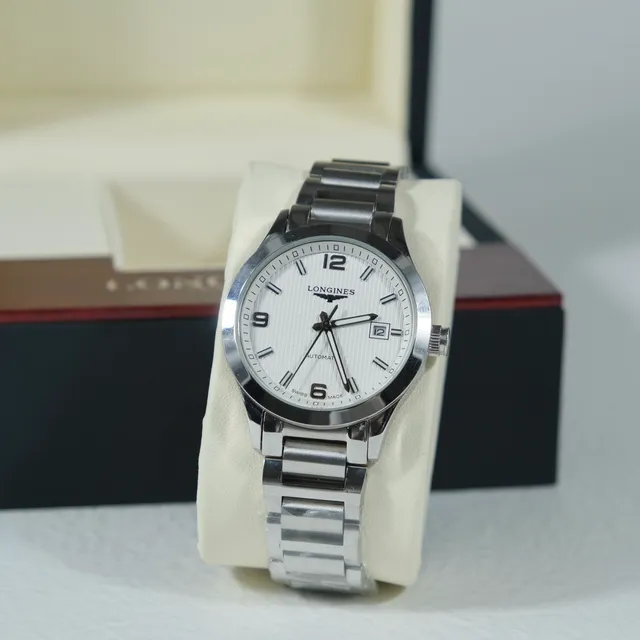 Longines سوار الفولاذ المقاوم للصدأ أبيض فضي وجه غيلوشيه ساعة ميكانيكية 6