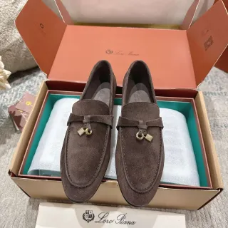 Loro Piana Brown Gold Suede Upper Metal Lock-and-Bow Hardware Loafer