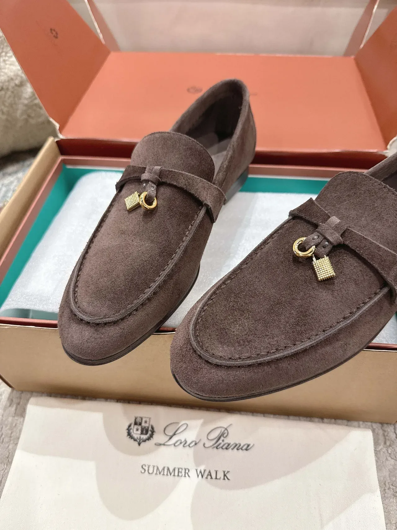 Loro Piana Brown Gold Suede Upper Metal Lock-and-Bow Hardware Loafer 3