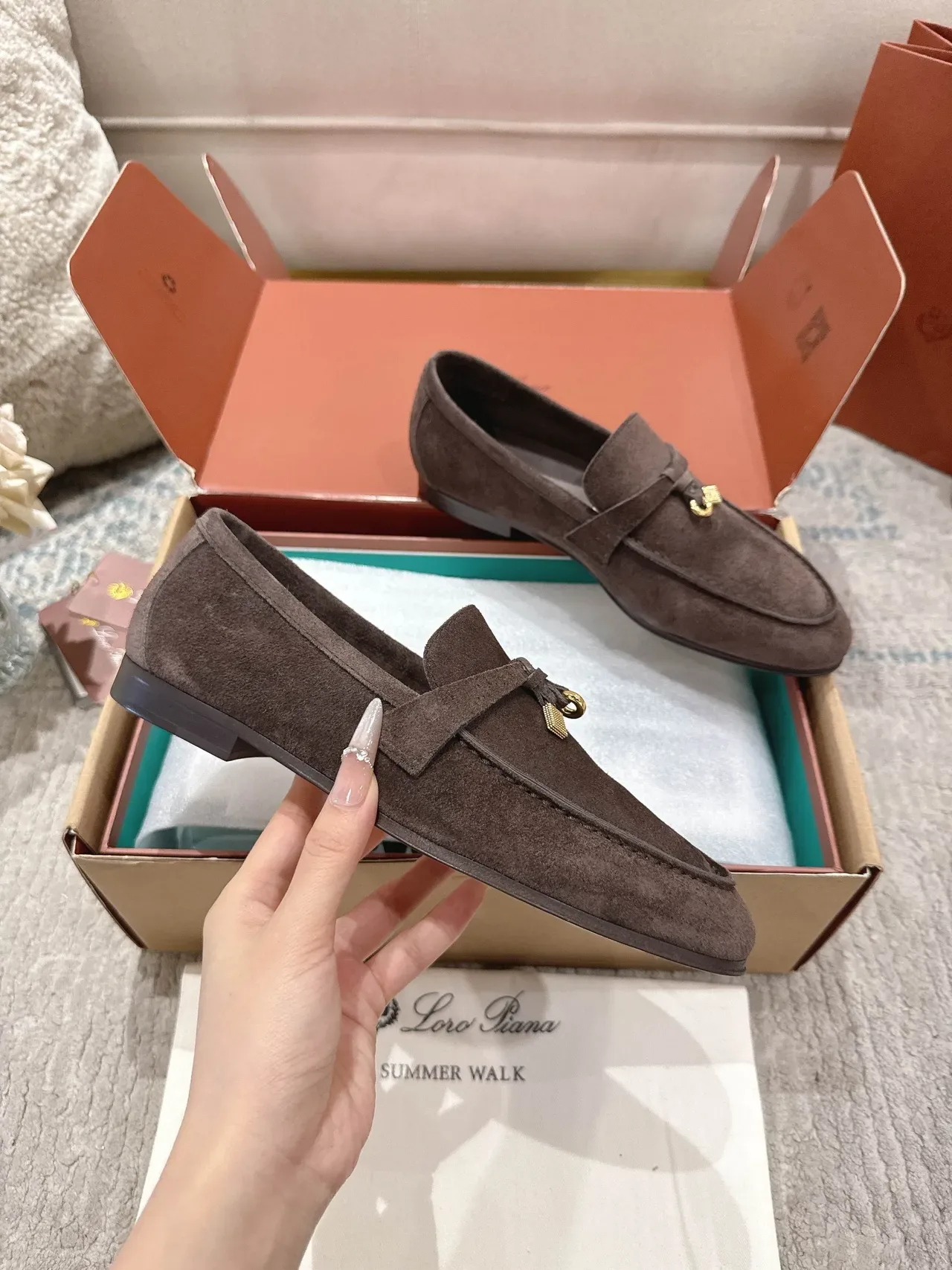 Loro Piana Brown Gold Suede Upper Metal Lock-and-Bow Hardware Loafer 4
