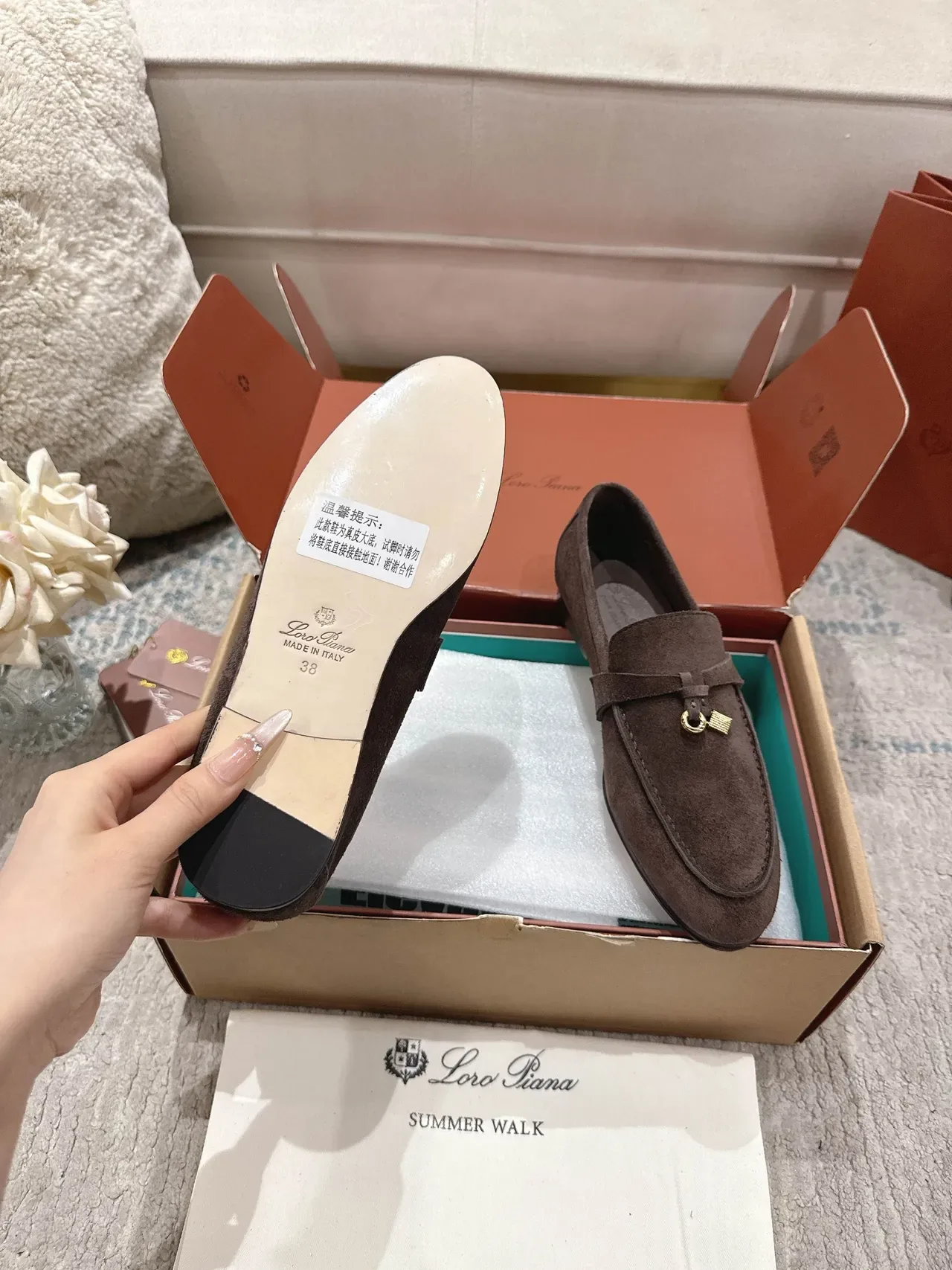 Loro Piana Brown Gold Suede Upper Metal Lock-and-Bow Hardware Loafer 5