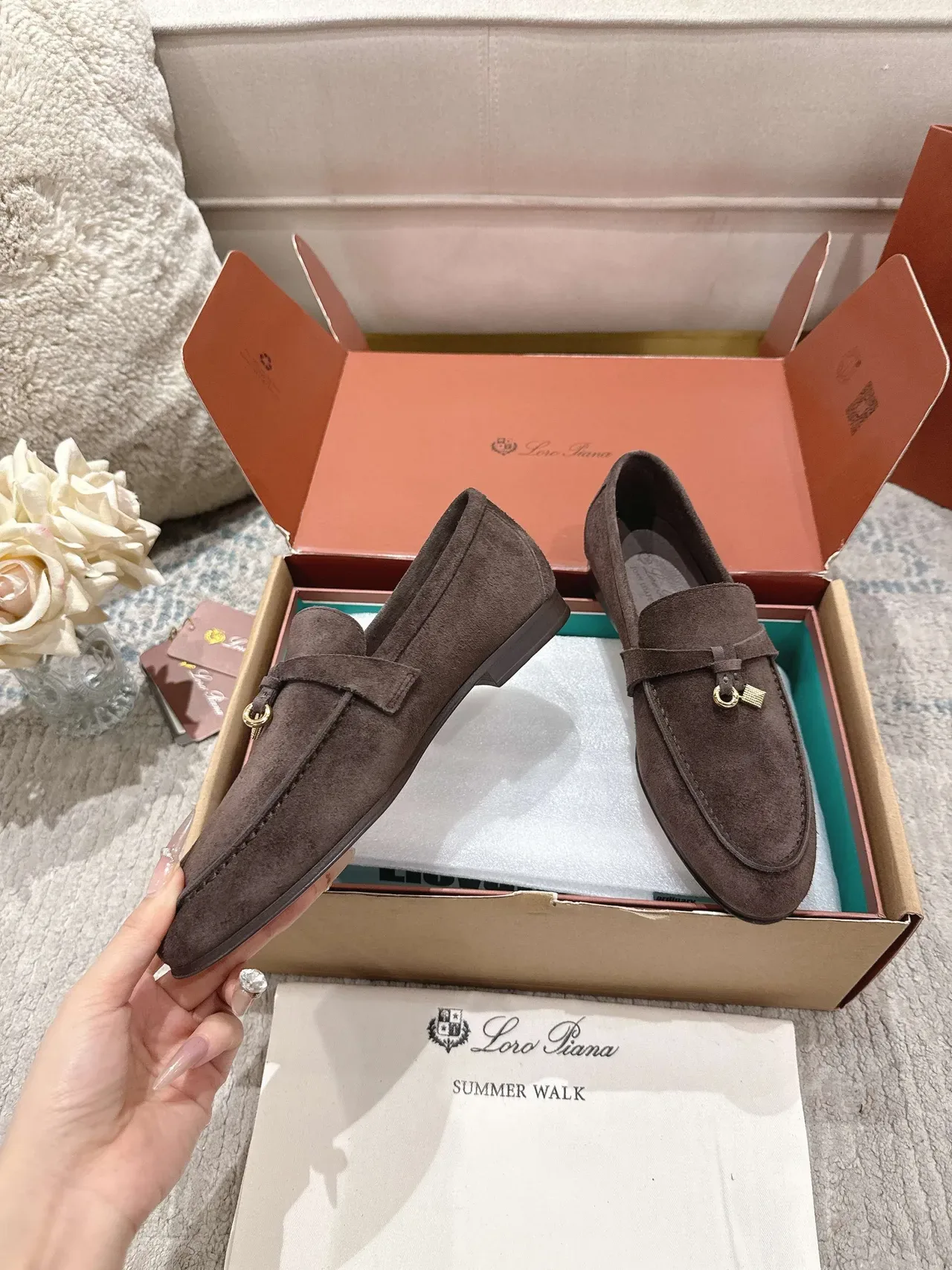 Loro Piana Brown Gold Suede Upper Metal Lock-and-Bow Hardware Loafer 6